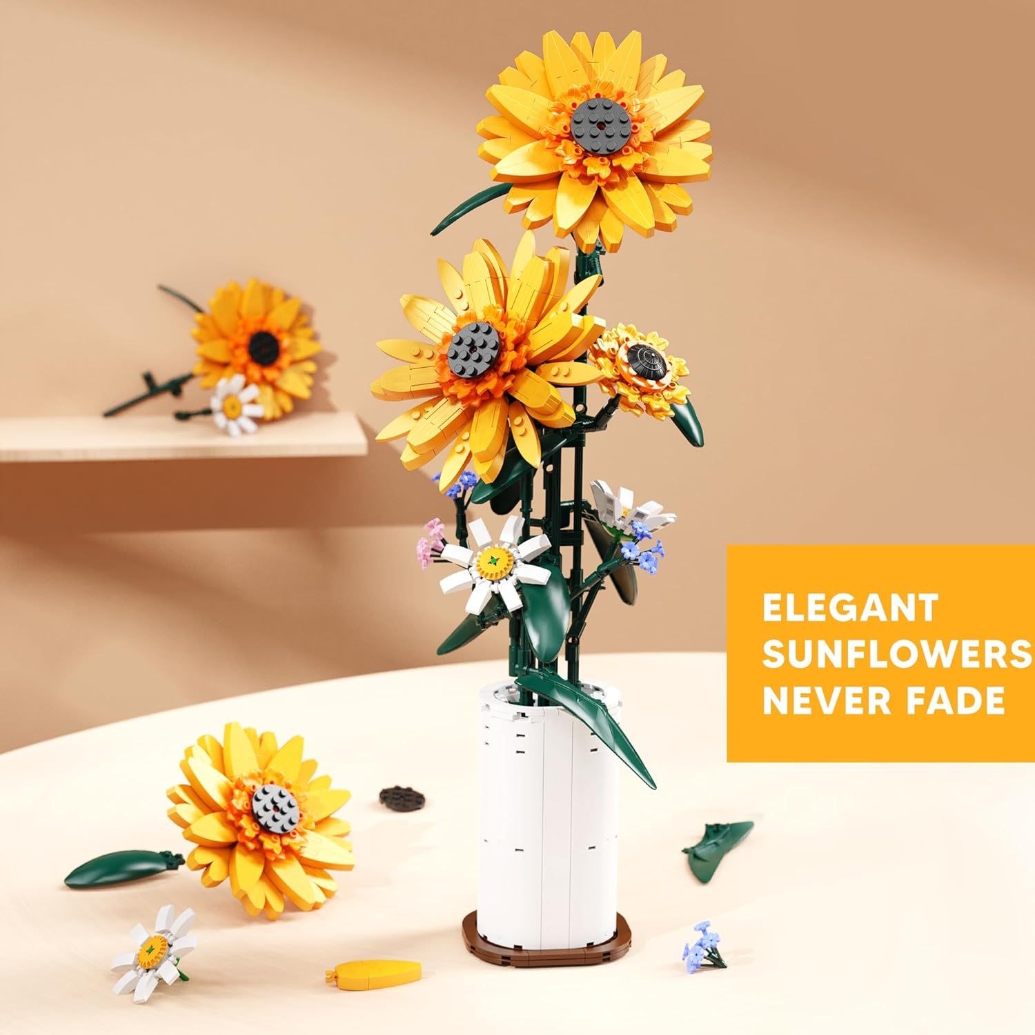 

821pcs Vibrant Sunflower & Daisy Set With Elegant Vase - Abs, Fade-resistant Flowers For Teens & Adults, Ideal Gift For