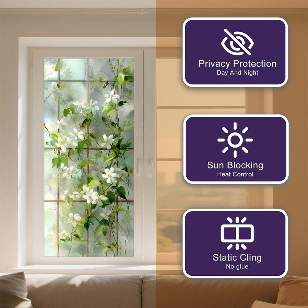 TEMU 2d Flat, 1roll, 2d Static Cling Vine Flower Window Film, 17.71x39.37 Inches No-glue Self-adhesive, Translucent Opaque, Wear-resistant & Easy To