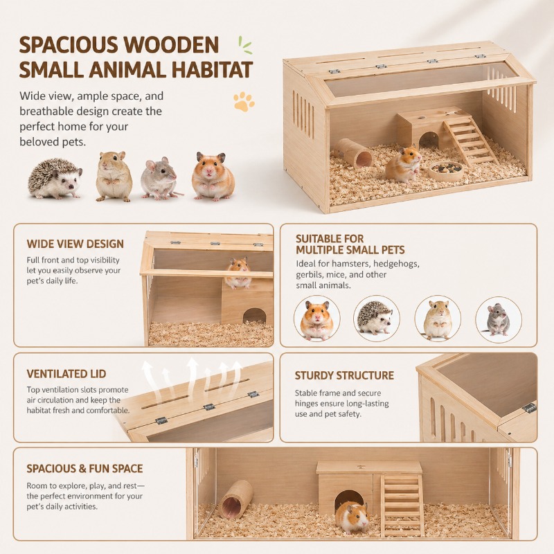 Wooden Transparent Hamster Cage Multi-Level Space