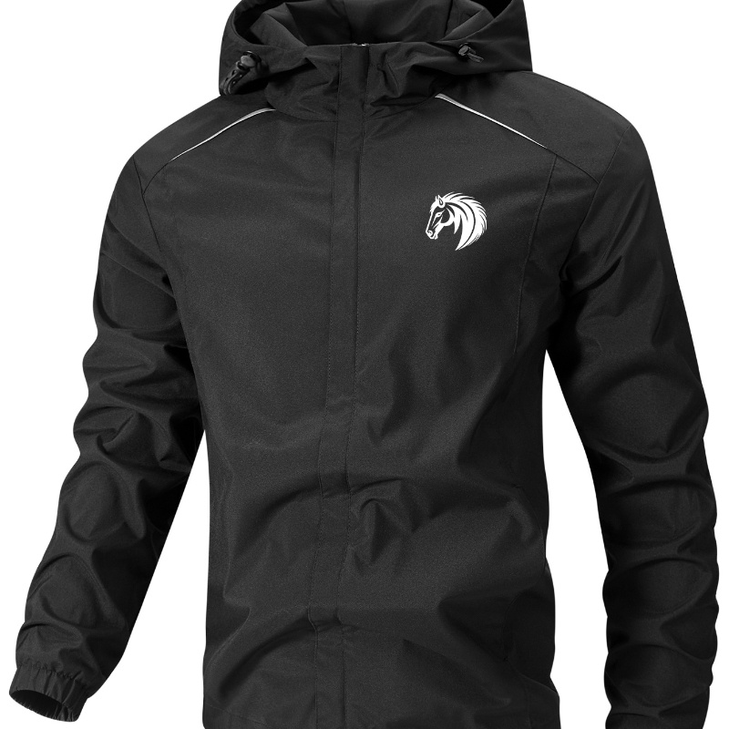 

Men's Casual Polyester Jacket With Hood, Horse Print, Zipper Closure, Drawstring, Non-stretch Woven Fabric, Regular Fit - Spring & Fall 2024 Trend