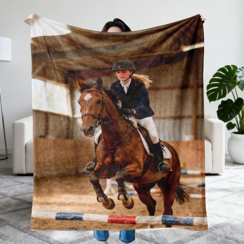 TEMU Couverture Photo Personnalisée 1 pièce Cheval, Cadeau pour des Chevaux : Couverture de Noël Souvenir Douce avec Photo Personnalisée, Couverture