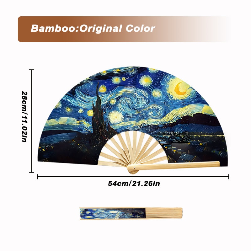 TEMU 1pc Van Gogh Starry Night Wooden Folding Fan - Portable Handheld Cooling Fan Suitable For Parties, Weddings, Dance Performances, Lightweight