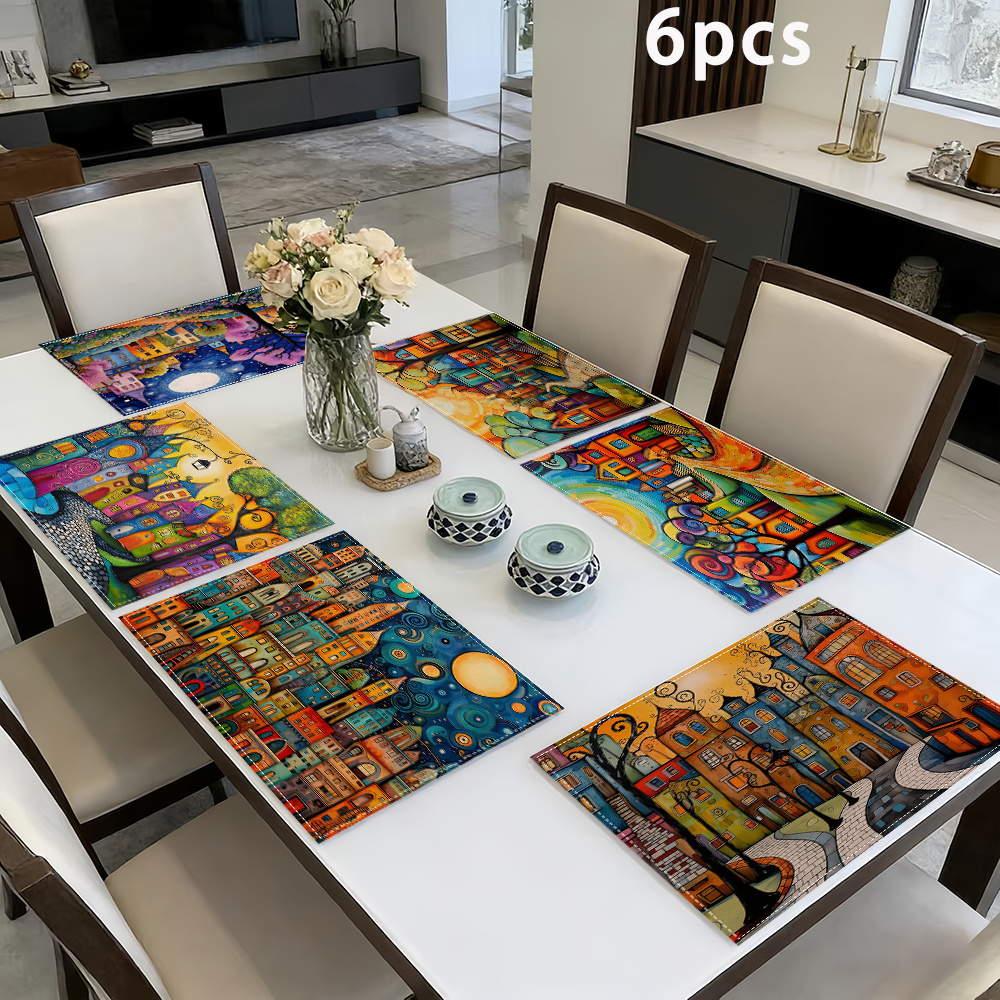 TEMU 4pcs/6pcs Colorful Oil Painting Table Mats - Suitable For - Vibrant European & Cityscape Design, Hand Washable Polyester Placemats For Farmhouse