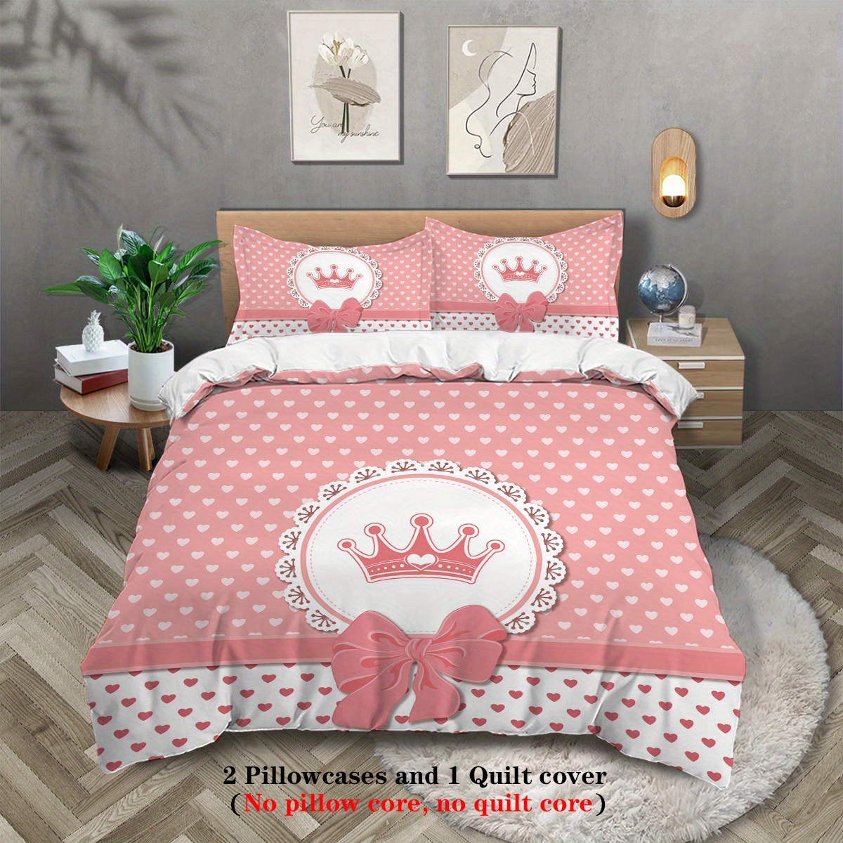 

3pcs Pink Cartoon Bow Crown Pattern Printed Duvet Cover Set, (1 Duvet 2 Pillowcases, No ) Soft And Comfortable Bedding, Suitable For Decorating Men's And Women's Rooms, Hotel Rooms