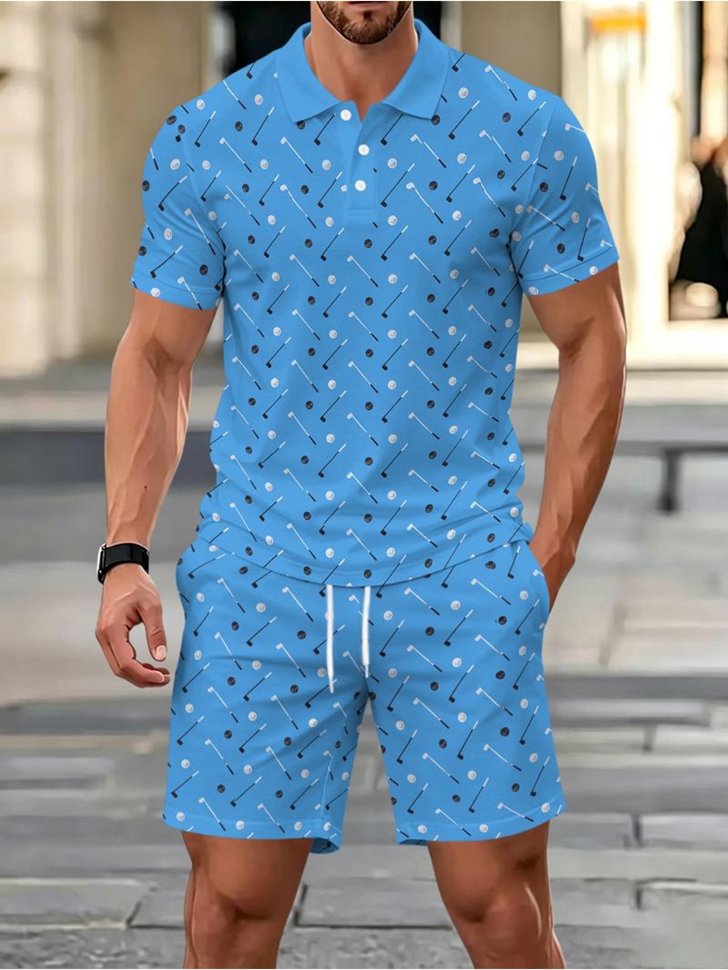 Conjunto Desportivo Casual Masculino, Polo Azul Claro e Calções  4