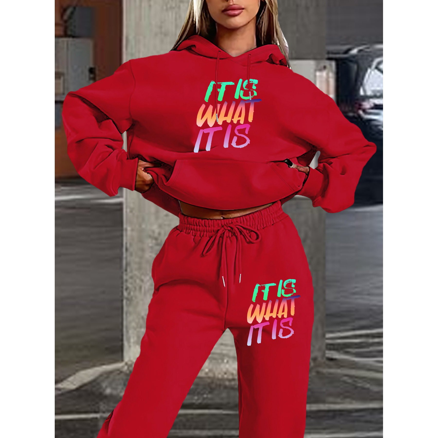 

1set Women's Casual Polyester Sweat Suit, Long Sleeve Hoodie And Sweatpants With Letter Print, Pockets, Knitted Fabric, For Autumn/winter