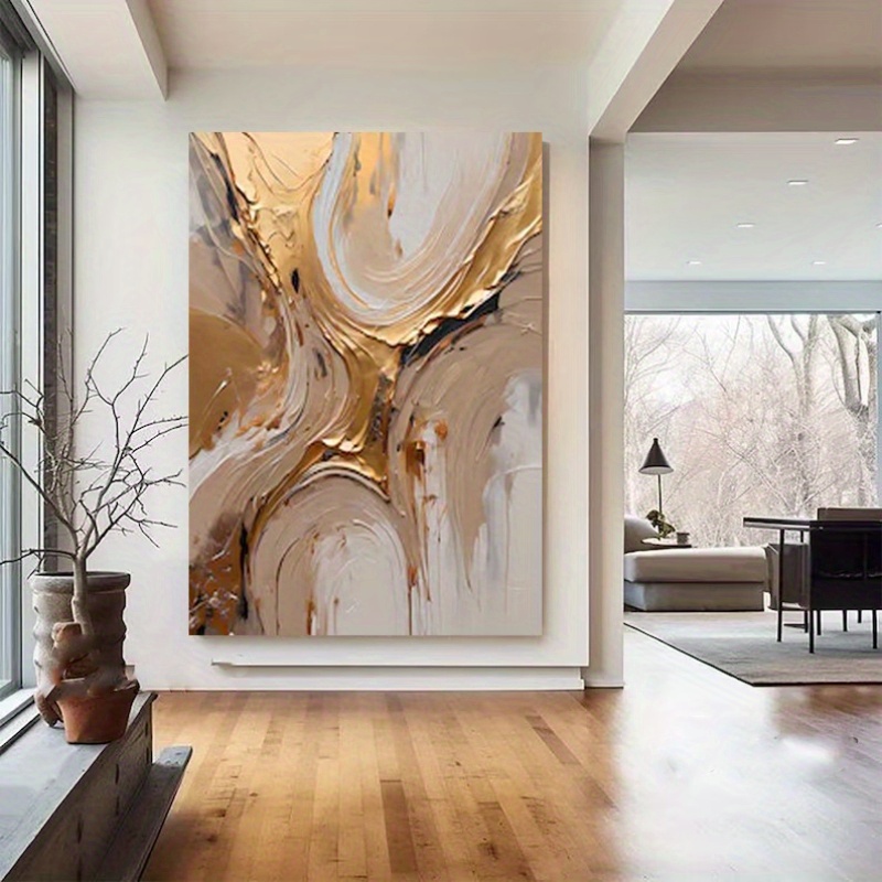 Hand-Painted Modern Abstract Oil Painting - Gray & Golden Texture Brushwork Nordic Wall Art with Wooden Frame, Textured Mural for Living Room, - Neutral Scandinavian Paintings for Home Decoration