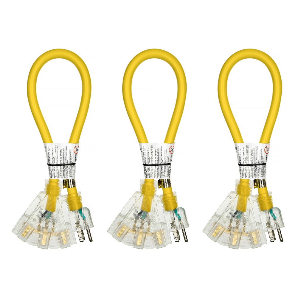 TEMU Liteonix Heavy Duty 24 Inch 12/3 Sjtw Extension Cord, Led Lighted Plug 3-way Power Splitter, 15 Amp Yellow Indoor Cable, 3 Pack