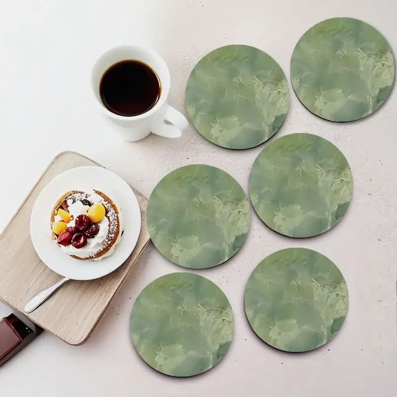 TEMU 6pcs Set Of Green Textured, Round Wooden Coasters And Table Protectors, Birthday Gifts, Housewarming Gifts, Models, Marble Patterns, Abstract