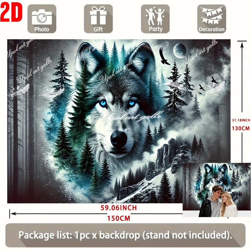 TEMU 2d Flat, 1pc Large Wilderness Wolf & Banner With Wolf, Pine Trees & - Large Wall Hanging Suitable For Weddings, Birthdays, Christmas, Parties -