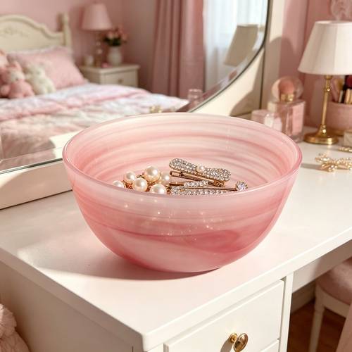 pink swirl frosted glass bowl handmade marbled glass serving bowl for fruits salad snacks aesthetic kitchen tableware