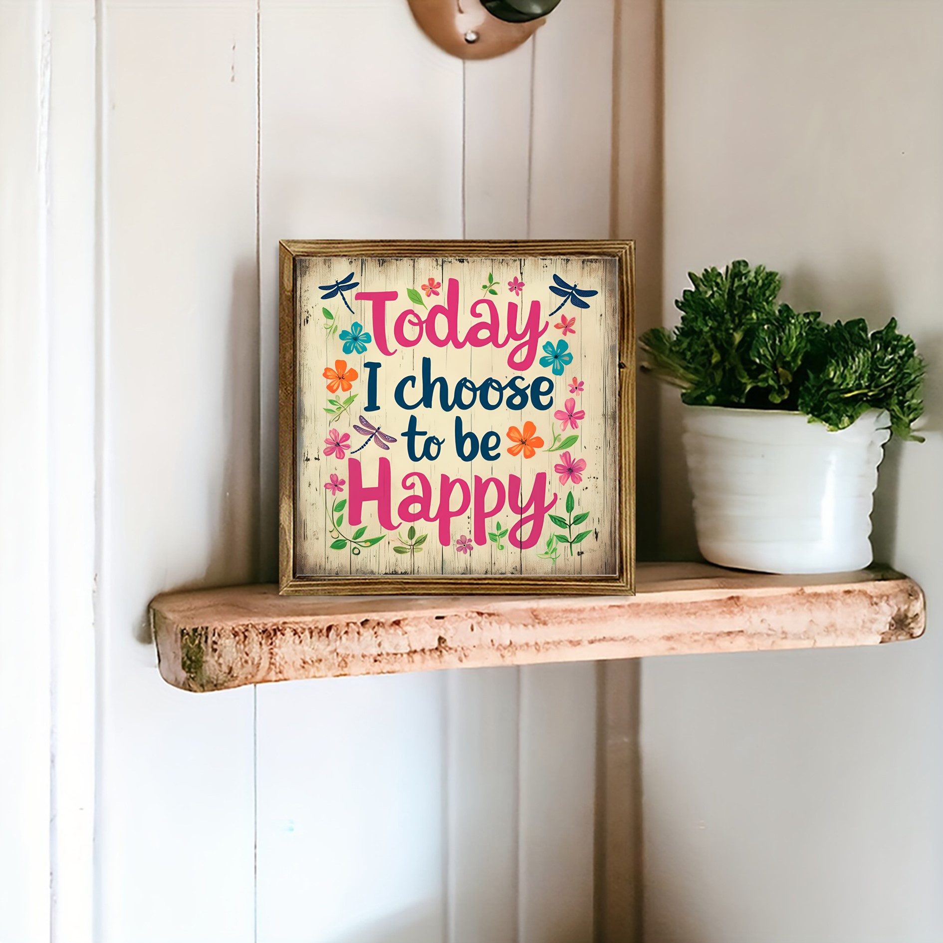 2D Flat - 2D Wall Art Featuring The Phrase 'Today I Choose Happiness' - a Country-Style Decoration with Floral Accents in Pink, Beige, Brown, Or Orange - Made from Reclaimed Wood, Suitable for Home, Office