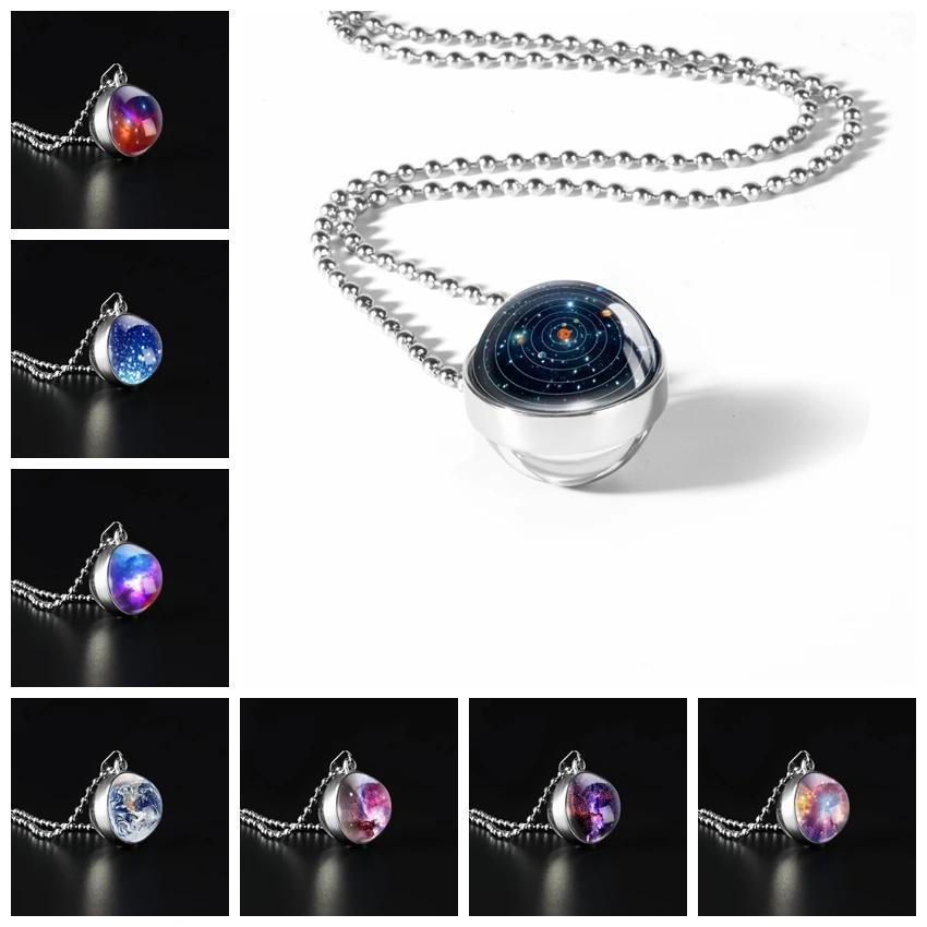 Double-Sided Galaxy Star Cabochon Glass Pendant Necklace