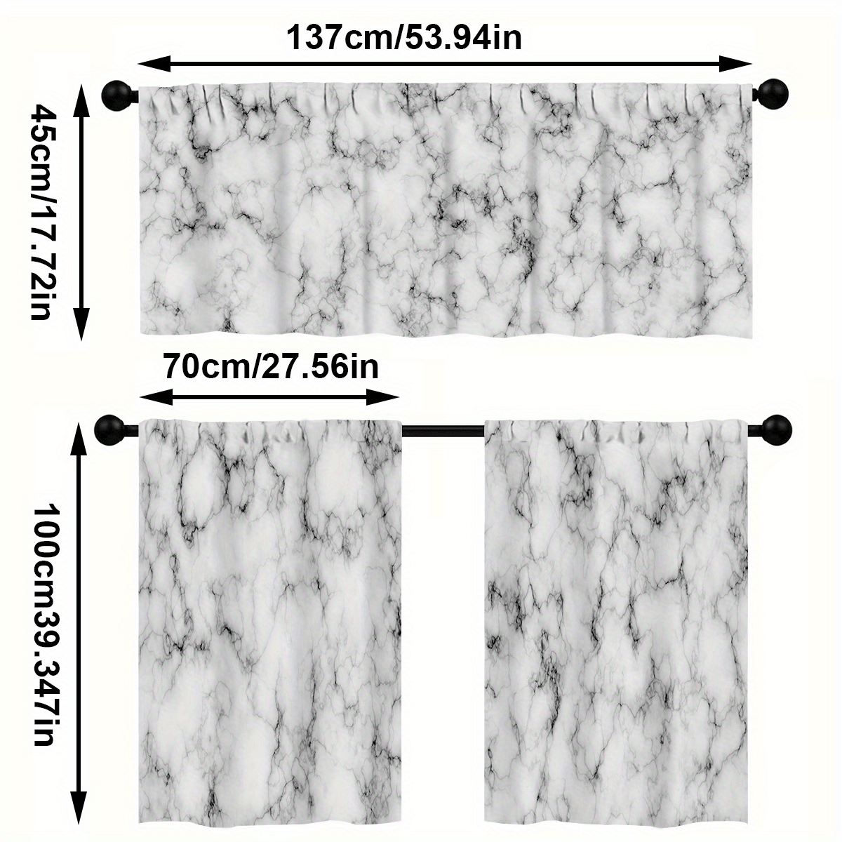 TEMU 3pcs/ Set Kitchen Curtain Sets, Black Moire Marble Print Curtain Set, Rod Pocket Valance Curtain Tier, 1 Valance/ 2 Cafe Curtains Tiers, Window