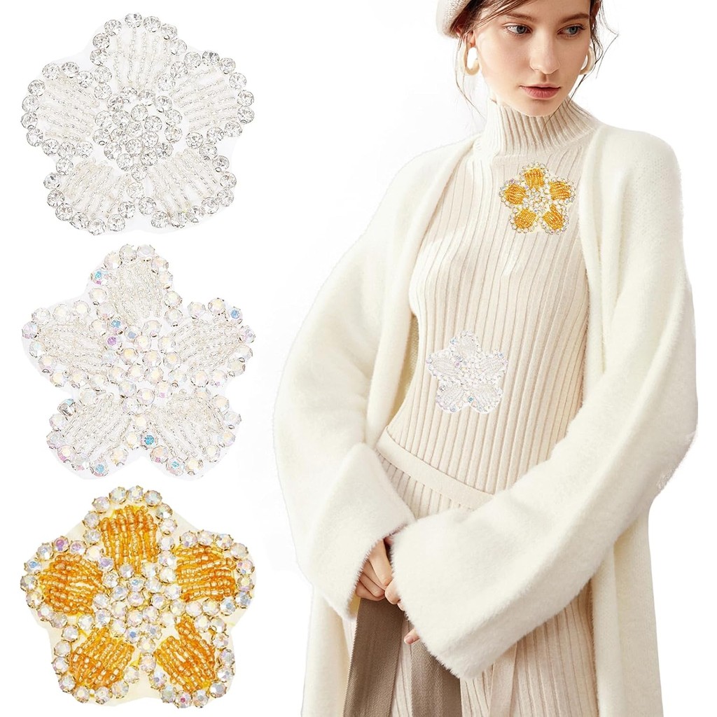 3pcs Flower Rhinestone Beaded Patches Iron Sew on Appliques Sparkly Floral Sequin Patch for Clothes Dress Skirt Jean Pant Sweater DIY Craft