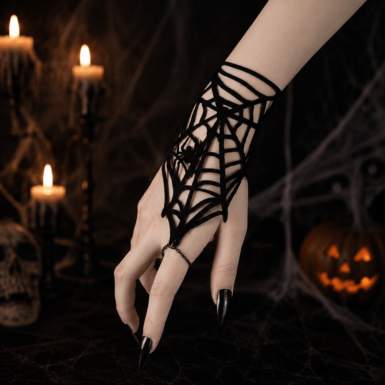 TEMU 1pc Gothic Dark Style Spider Web Finger Chain Bracelet For Women, Suitable For Halloween Parties And Gatherings