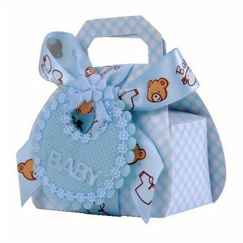 Gift For Her/him 20pcs Baby Shower Favors Cute Candy Gift Bags Small Plaid Baskets With Adorable Ribbon And Bib Decor Cute Party Favor Basket Candy Boxes For Baby Boys Girls Birthday Wedding, Blue