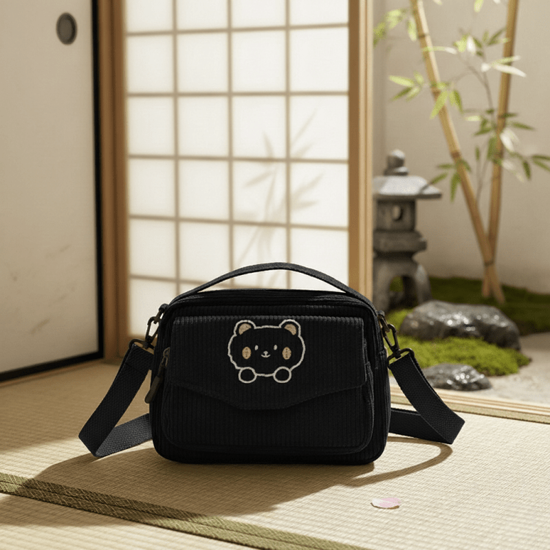 TEMU コーデュロイキャラクターバッグ かわいい刺繍入りベア 折りたたみ可能 クロージャー 取り外し可能なストラップ トなスタイル プリント ピンク/カーキ/ダークブラウン