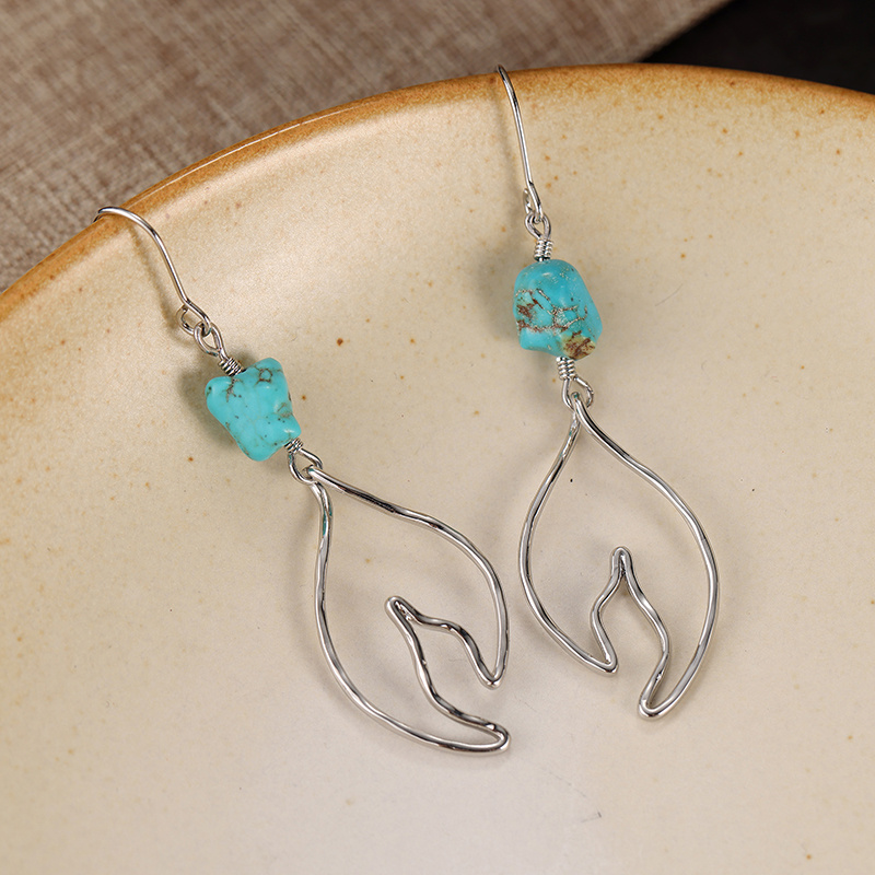 Women's Bohemian Turquoise & Silvery Leaf-shaped Earrings