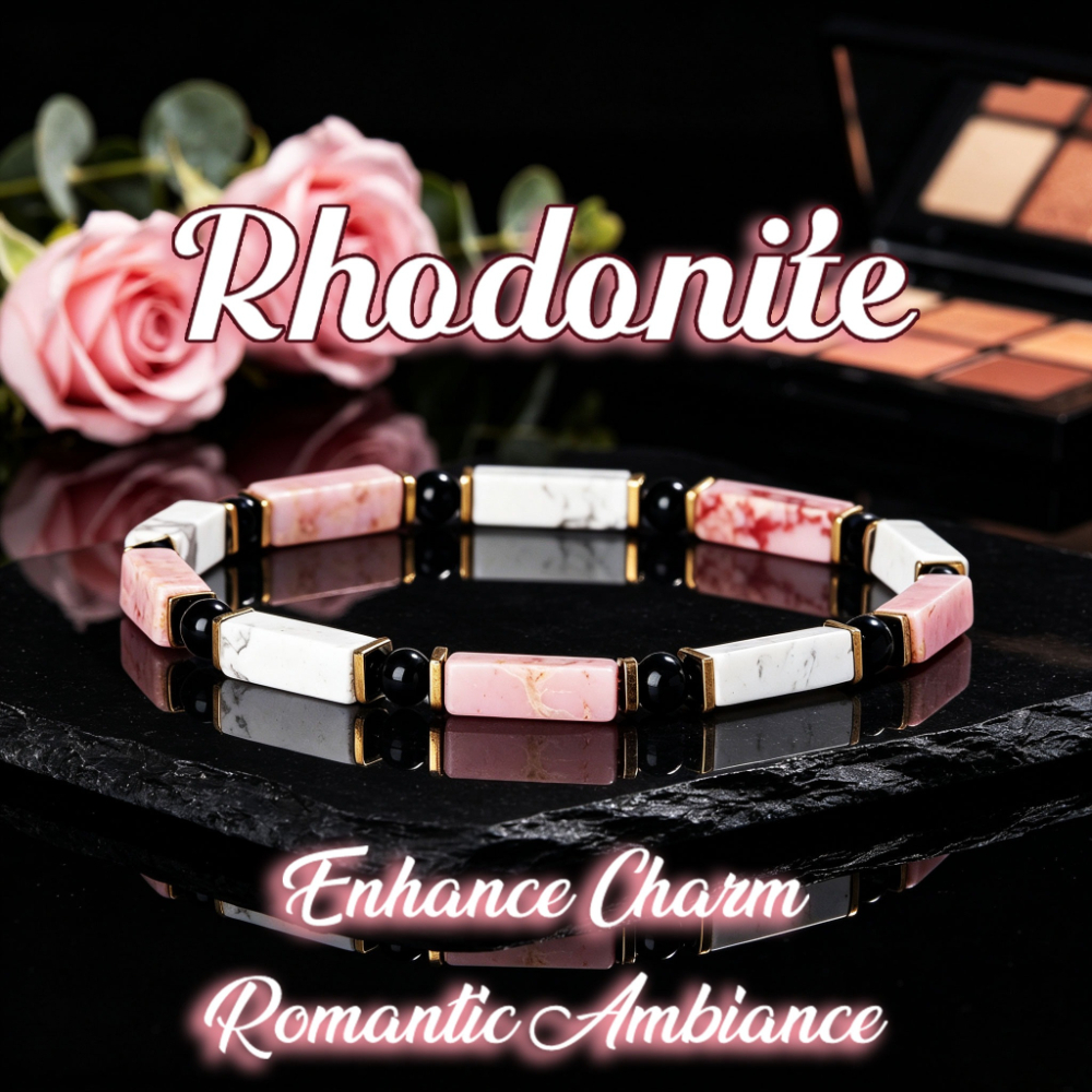 TEMU Natural And Howlite Rectangular Bar Stretch Bracelet With Black Onyx Golden Spacers, Elegant Romantic Stackable Jewelry Gift For Women