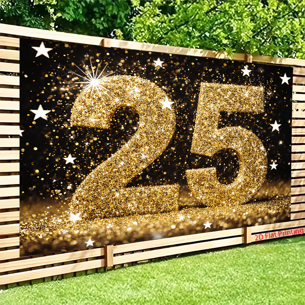 2d flach, 1 stück 25. jubiläum goldene glitzer zahl 25 fahne mit sternen & schneeflocken - glänzender uv-druck     für 25 jahre hochzeit, geburtstagsfeier dekoration, zahl 25 für fotohintergründe, innen-/außenbereich meilensteinfeier, 2d flach