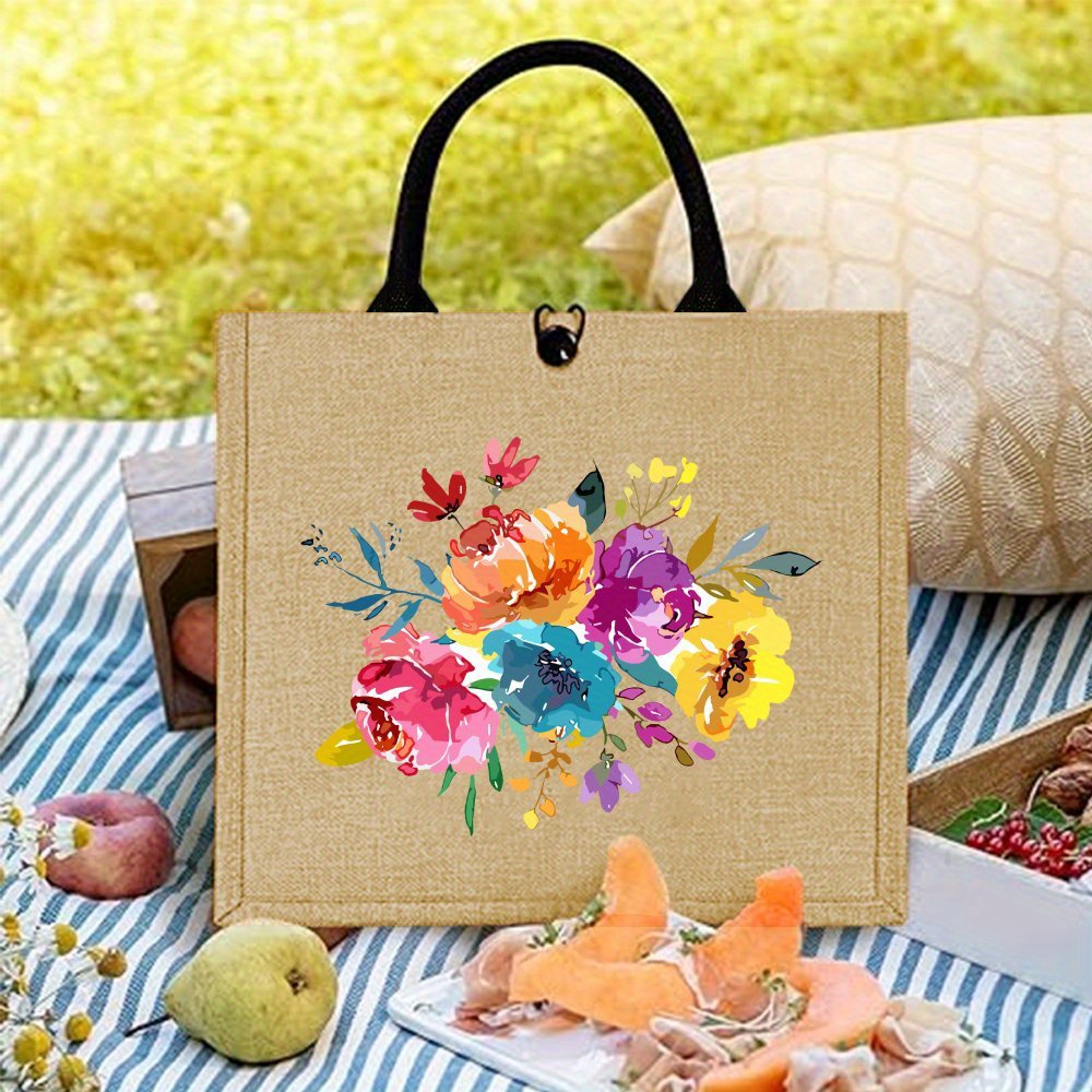 TEMU Borsa a in juta con stampa - Grande capacit�, borsa beige resistente con design , perfetta per fare shopping, viaggiare e feste, borsa