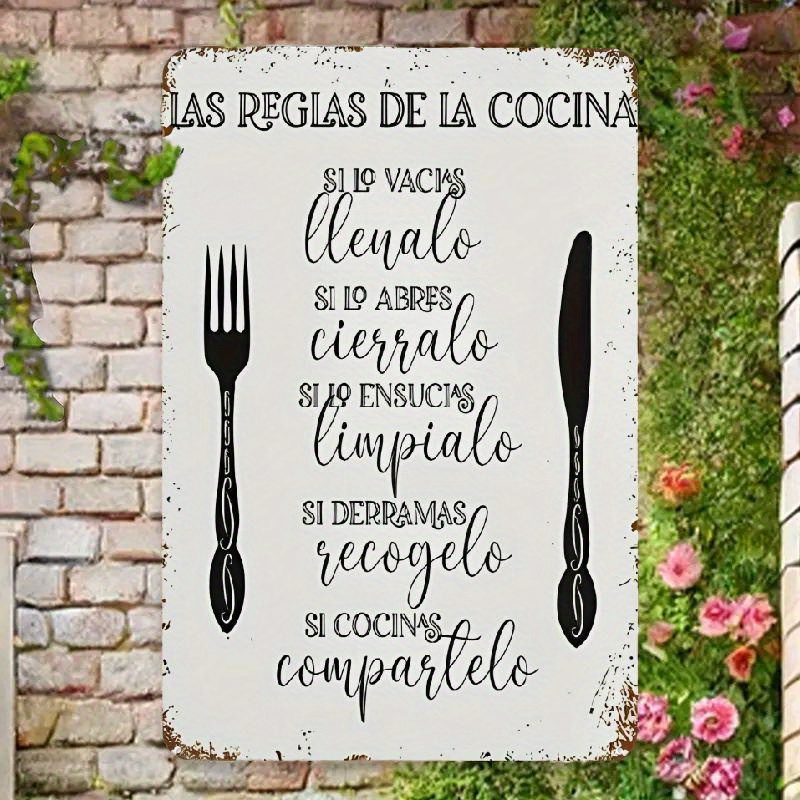 TEMU [8x12 Inch Vintage Metal Sign] 1pc Vintage Spanish Kitchen Rules Metal Tin Sign - 8x12 Inch Retro Iron Wall Art For Home, Farm, Office & Club Decor