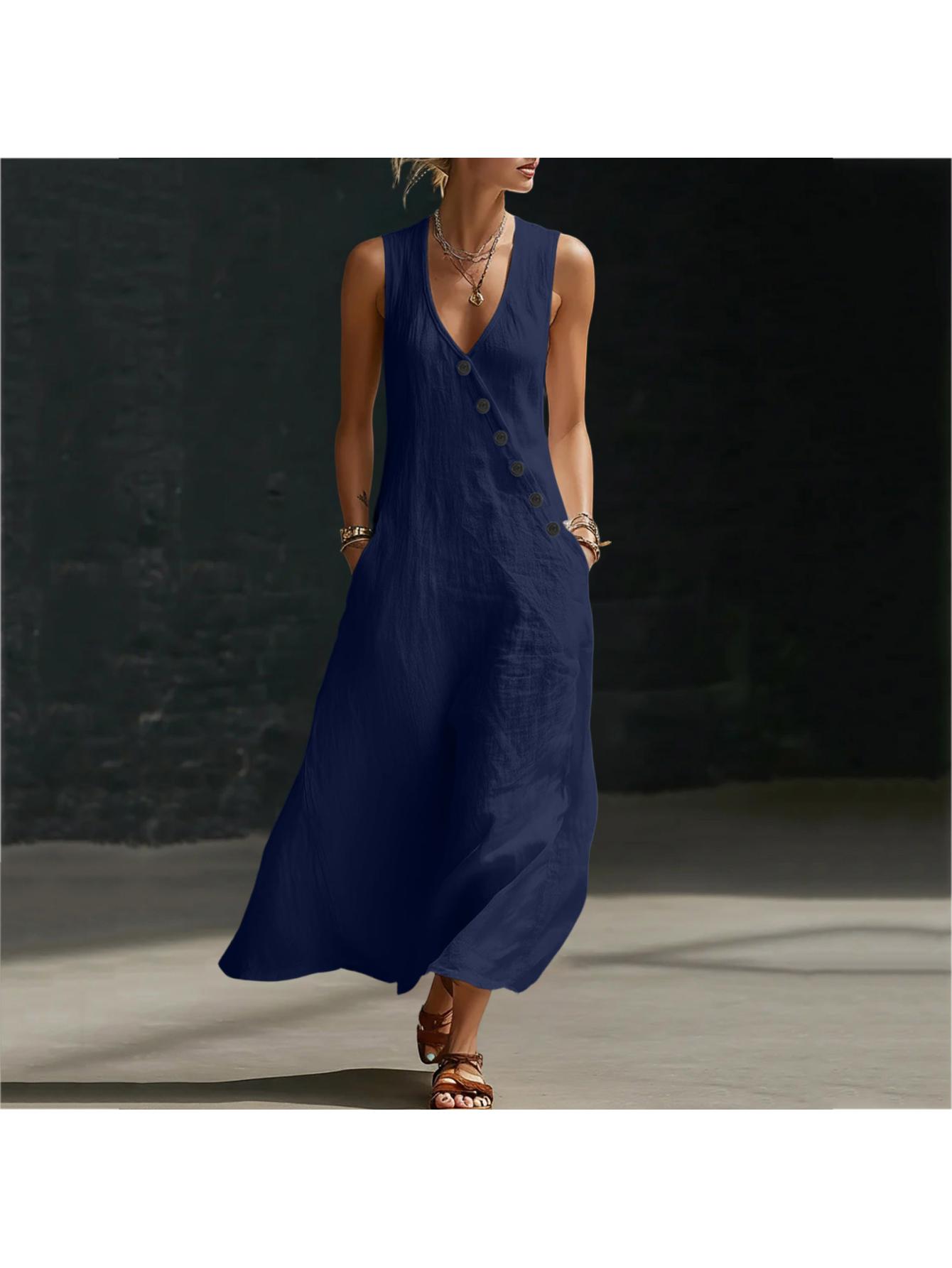 chinese dress ladies Women's Linen Dresses,Grey Blue Linen Dress for Women, Casual Loose Fit V  Neck Summer Dress UK, Lightweight Tunic with Pockets Holiday Outfit, Ladies  Short Sleeve Sundress,Temu Products UK, Black, M : Amazon.ie: