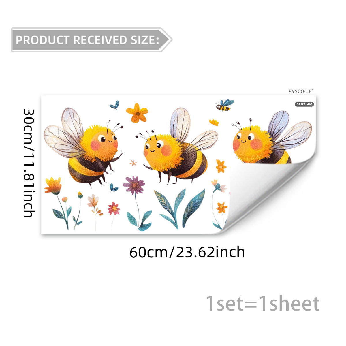 E-shop 2D Flach, 30*60 cm Biene Blume 2D Flach Fensterstatikfolie, Fensterdekoration, D21701-NC, 2D Flach