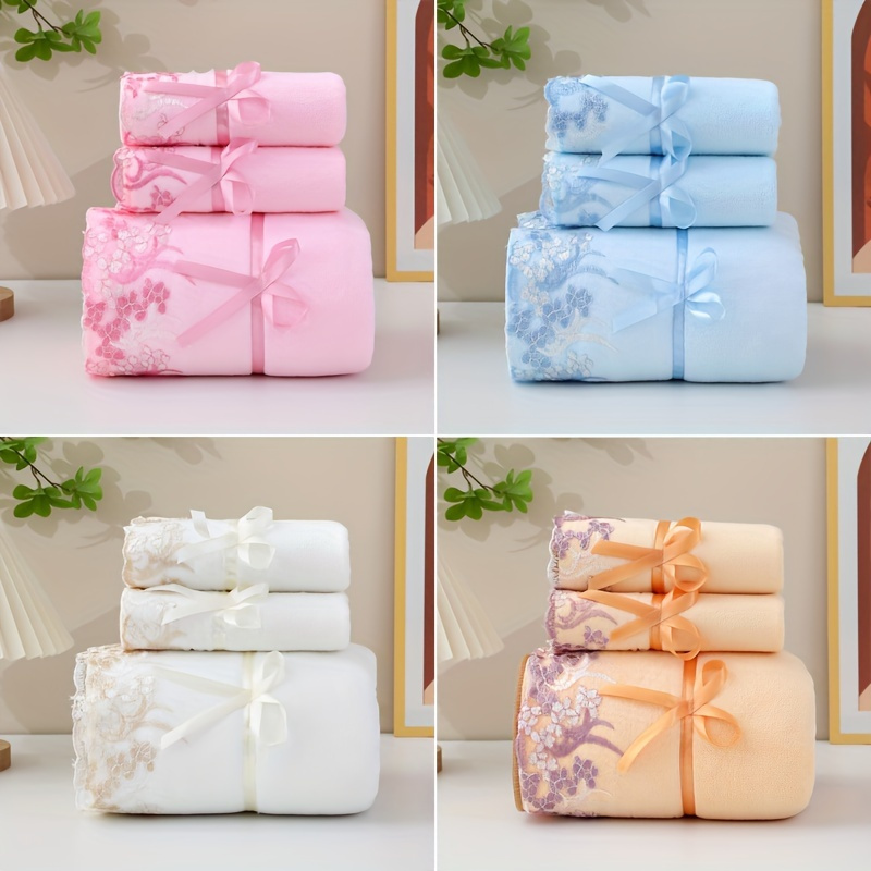 

3pcs Lace Embroidery Towel Set, Microfiber Towel, 2 Towels, 1 Bath Towel, Bathroom Absorbent Towel, Bathroom Supplies