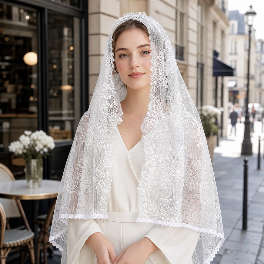 TEMU Intricate Floral Lace Headscarf, Lace Trim Mesh Style, Lightweight And Breathable For Wedding Evening Wear