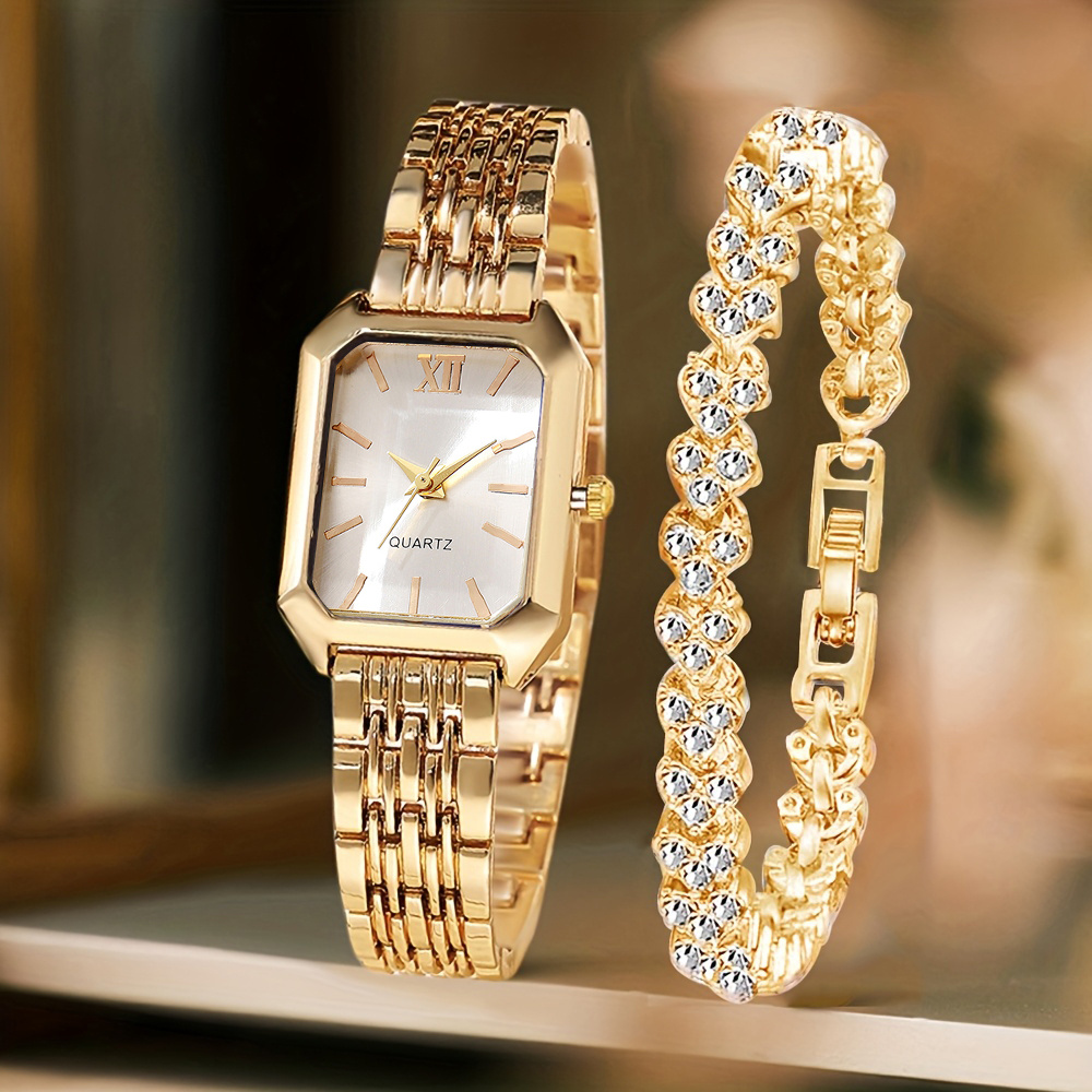 Image of 2pcs Elegant Women's Watch Set, Fashion Romantic Heart Chain And Classic Vintage Square Dial Quartz Watch, Comfortable Golden Strap