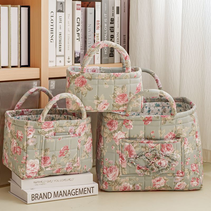 TEMU 3pcs Portable Fabric Storage Basket Set, Vintage Floral High Aesthetic Home Large Capacity Portable Foldable Baskets, Underwear And Sundries