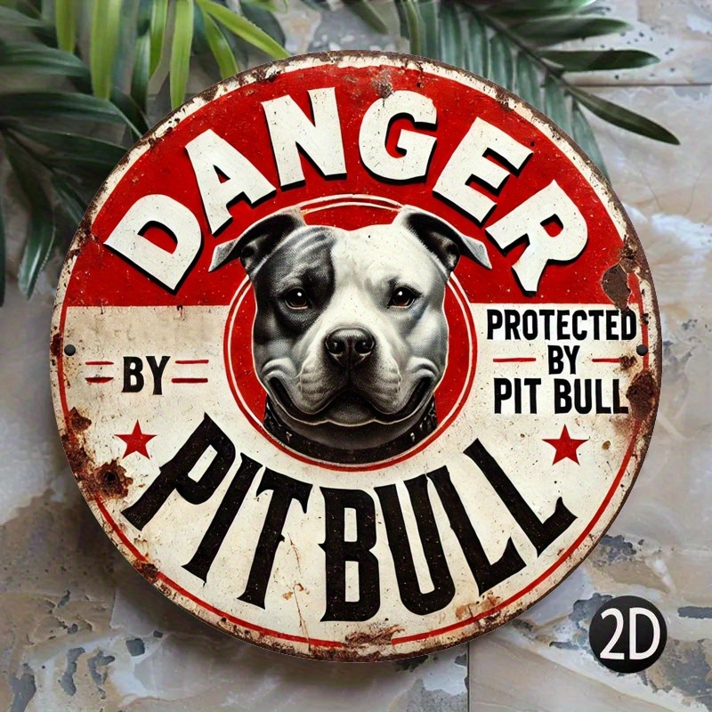 TEMU 2d Flat - 1pc A 2d Flat Printed Metal Sign Measuring 20x20cm Featuring A Vintage Pitbull Guard Warning Design. This Round Wall Decor Showcases A