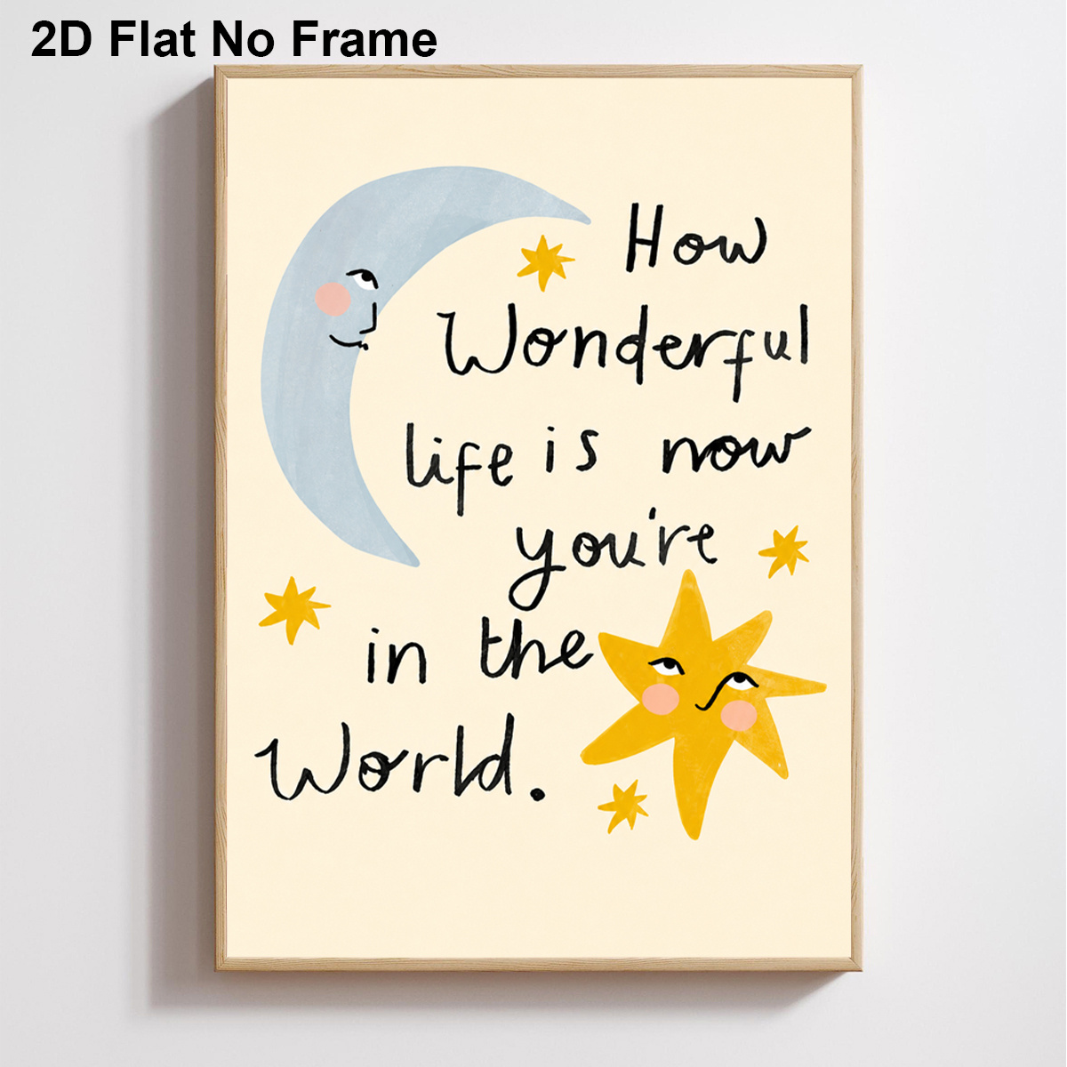 TEMU 2d Flat, 2d Flat, 1pc Frameless Canvas Poster, Cute Moon And Sun With Text How Wonderful Now You're In The World., Wall Art Canvas Painting,