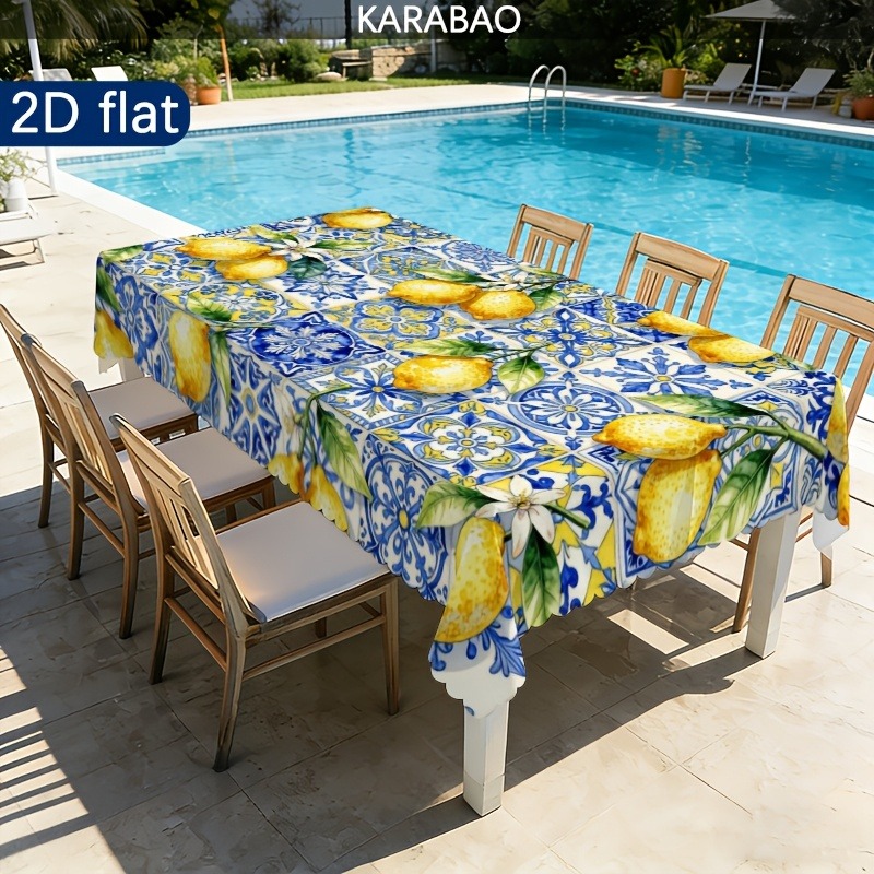 TEMU Tablecloth 1pc, Outdoor Tablecloth, Lemon Floral Tile Pattern Tablecloth, Mediterranean Style Decor, Elegant Outdoor Decoration, Washable And