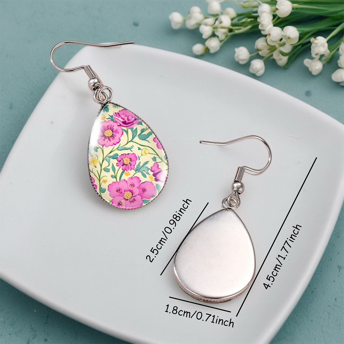 Vintage Floral Teardrop Earrings, Pink & Green Botanical Design