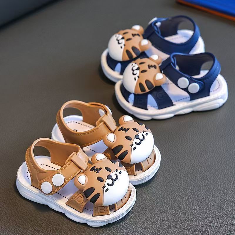 Infant Cartoon Tiger Sandals for Boys and Girls - Summer 2024 Soft Sole Anti-Slip Toddler Walking Shoes with Buckle Closure, Low Top, PVC Upper, Sole and Insole - Baby Protective Toe Cap Sandals