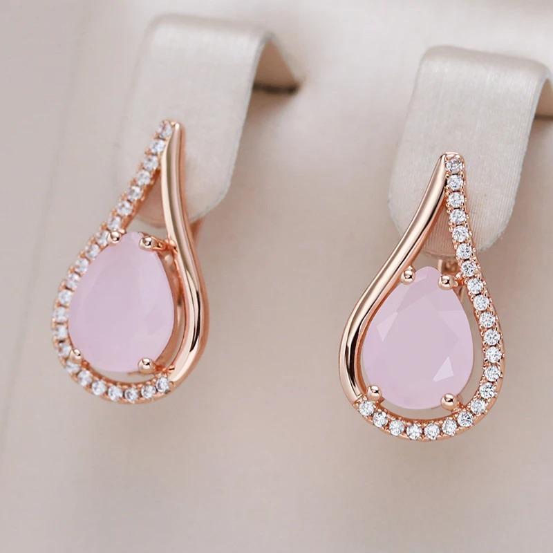 Image of Hot Pink Synthetic Zirconia Water Drop Earrings For Women Luxury Golden Color Bride High Quality Daily Fine Jewelry
