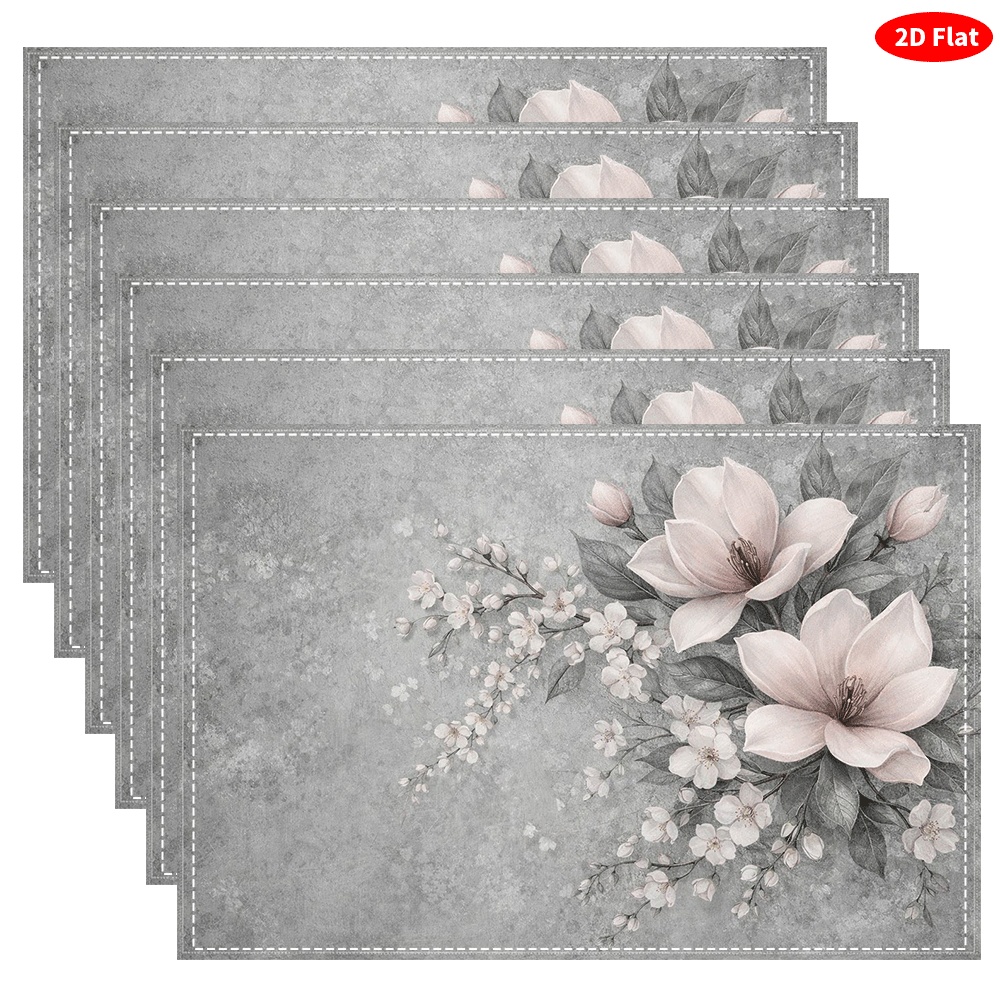 TEMU Gray- Magnolia Cherry Placemats, 6pcs Set, Kitchen Table Decor, Creative Print, Washable Heat-resistant Table Mat, Home And Kitchen Supplies,