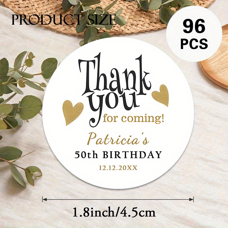 TEMU Custom 48/96pcs Birthday Thank - You Round Stickers, Personalizable With Name, Date, Etc. & Text Design. Ideal For Milestone Birthdays, Party