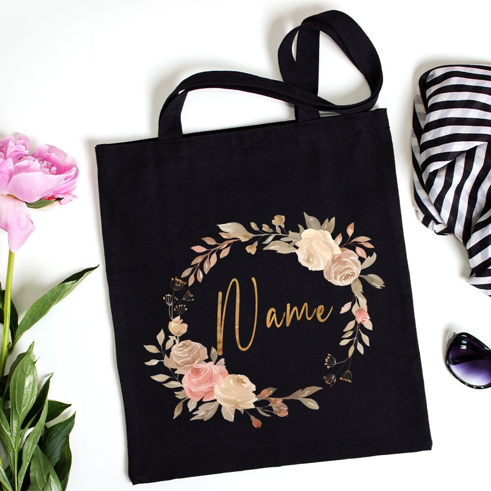 Image of Custom Floral Name Canvas Bag, Personalized Tote Bag, Gifts For Bridesmaids, Mothers, And Grandmothers, Custom Tote For Bridal Party, Customized Name Gift For Her, Party Handbag