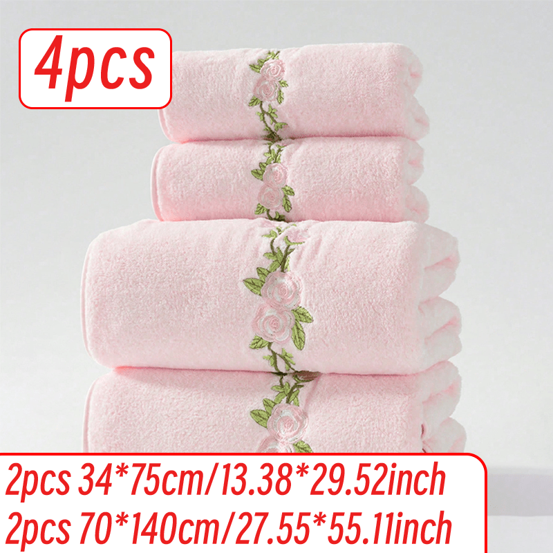 E-shop 4-teiliges Set: 2 Stück 34*75 cm + 2 Stück 70*140 cm Rosenstickerei Handtuch, Faser, Korallenweich, Bequem, Saugfähig, Nicht Fusselnd,