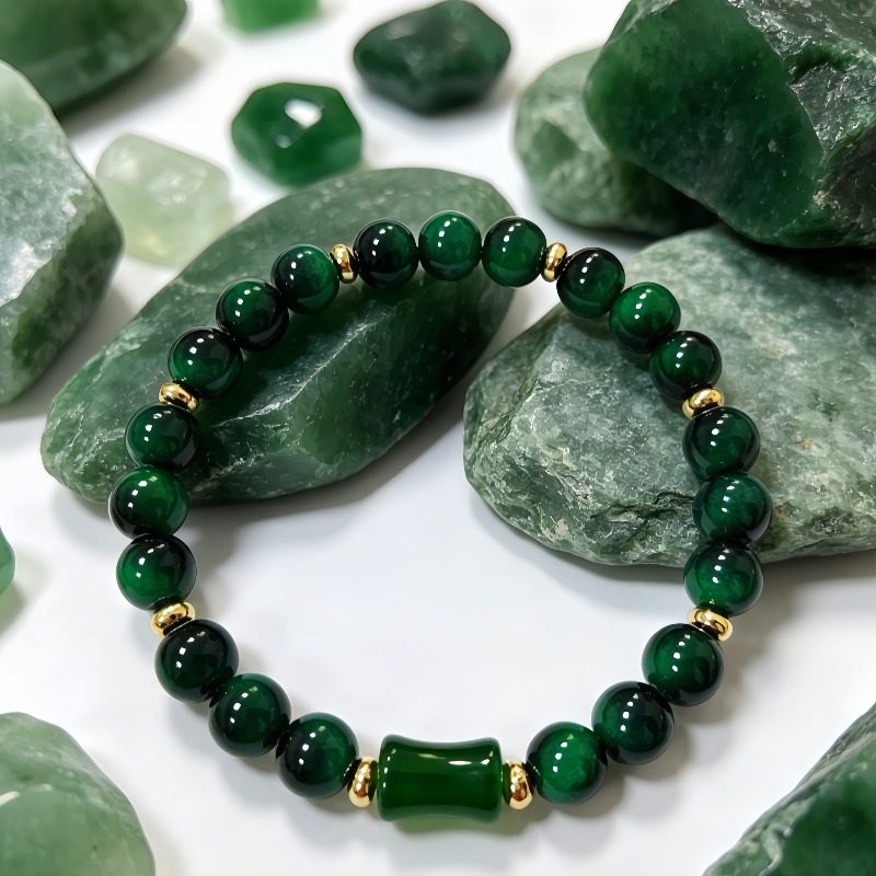 TEMU Bracelet 1 pièce en perles de calcédoine vert foncé et de en bambou , couleur unie avec une et . Les perles sont pour être lisses, translucides