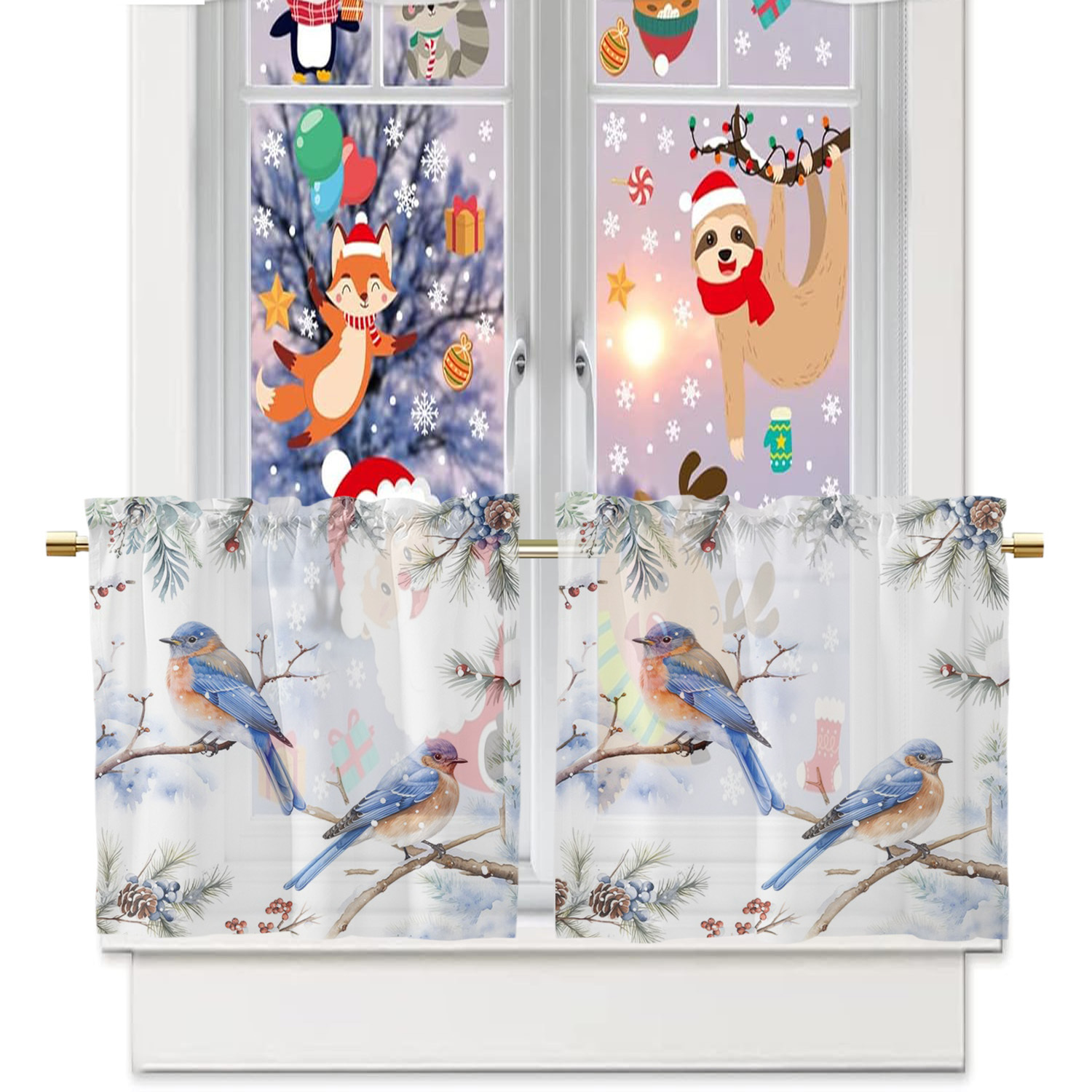 TEMU Ensemble de 2 Rideaux de Noël Motif & Oiseau - Poche pour Tringle, Tulle Filtrant pour Cuisine, Chambre, Décoration de Bar à Café