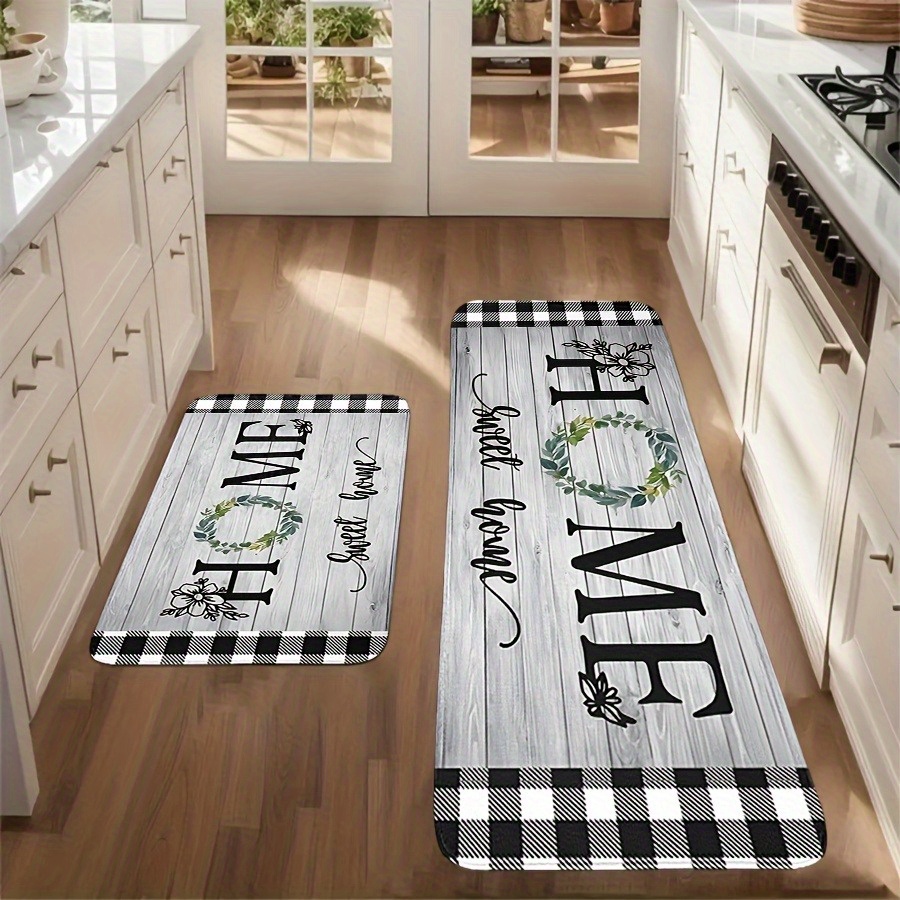 TEMU 2/3pièces Ensemble de tapis de cuisine en flanelle de ferme, lavable en machine, polyester, léger, rectangulaire, motif à rayures/à carreaux/à