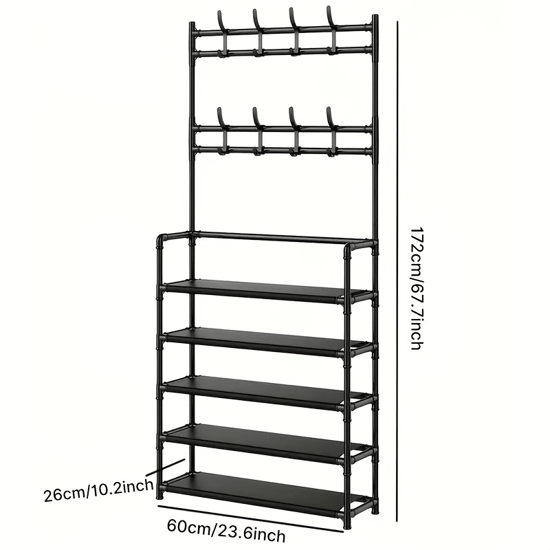 1pc Five-Layer Coat Rack And Shoe Rack Combination, Household Floor-Standing Coat Rack + Shoe Rack Two-In-One, Top Hook for Hanging Hats And Bags + Five-Layer Shoe Rack, Thickened Steel Pipe for Stable Load-Bearing, Entrance Door Storage Rack