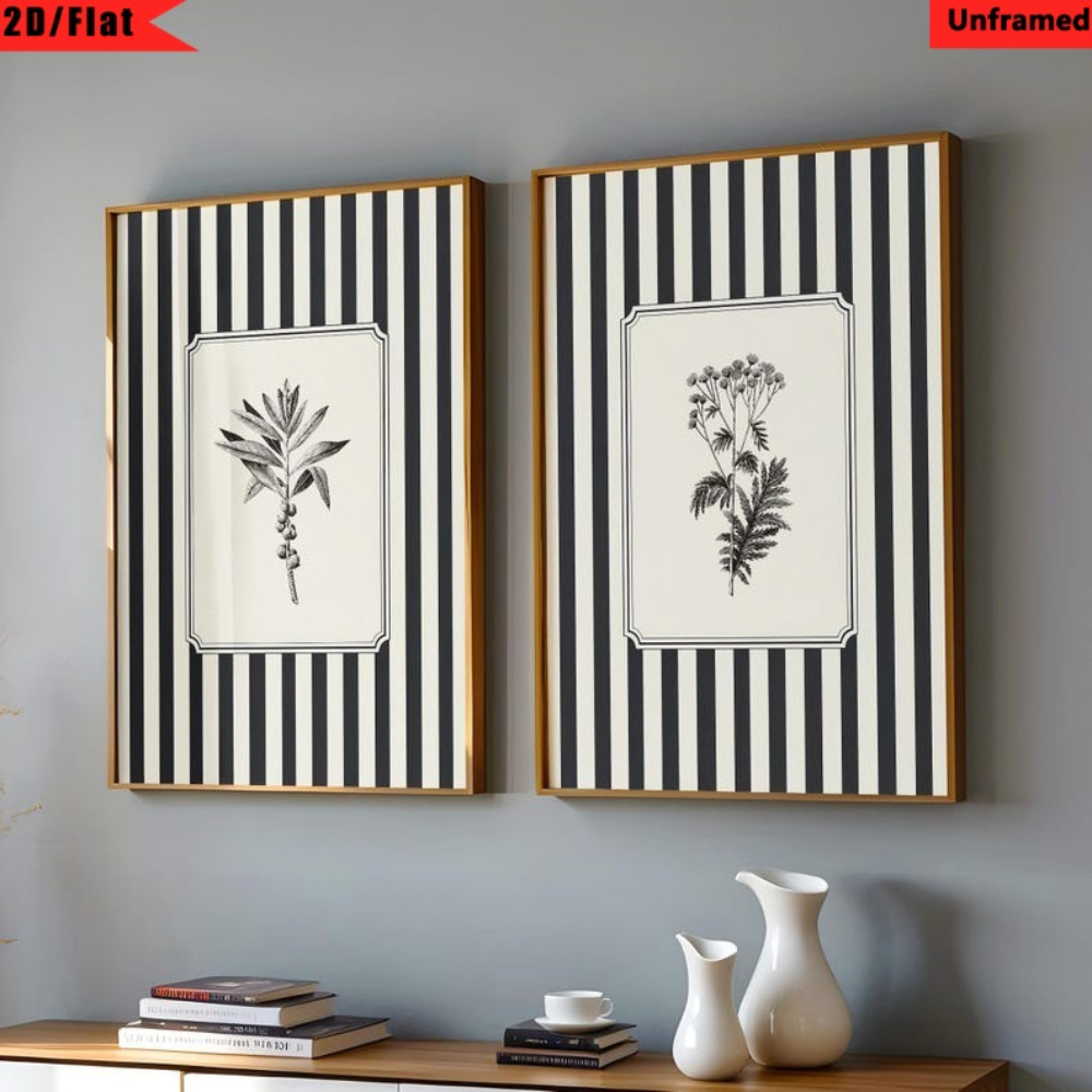 TEMU de pared en vintage 2D, 2 piezas, sin , póster de floral de planta con rayas verticales modernas y , impresión minimalista de para decoración de