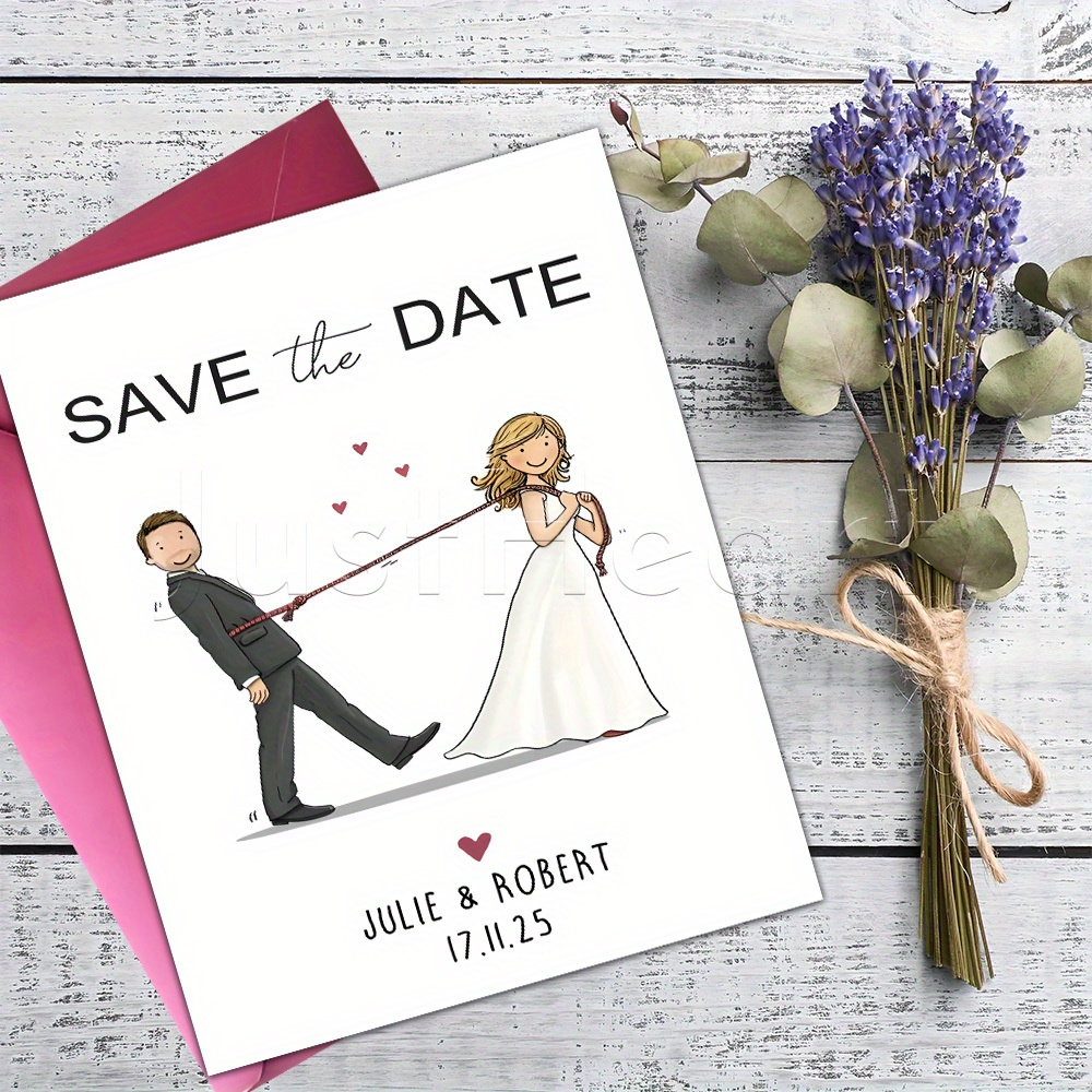 TEMU Wedding Custom Greeting Cards 1/10pcs, With Envelopes, Bride Pulling A Groom With A Rope And Hearts, In A Fun Cartoon Style, Suitable For Save -