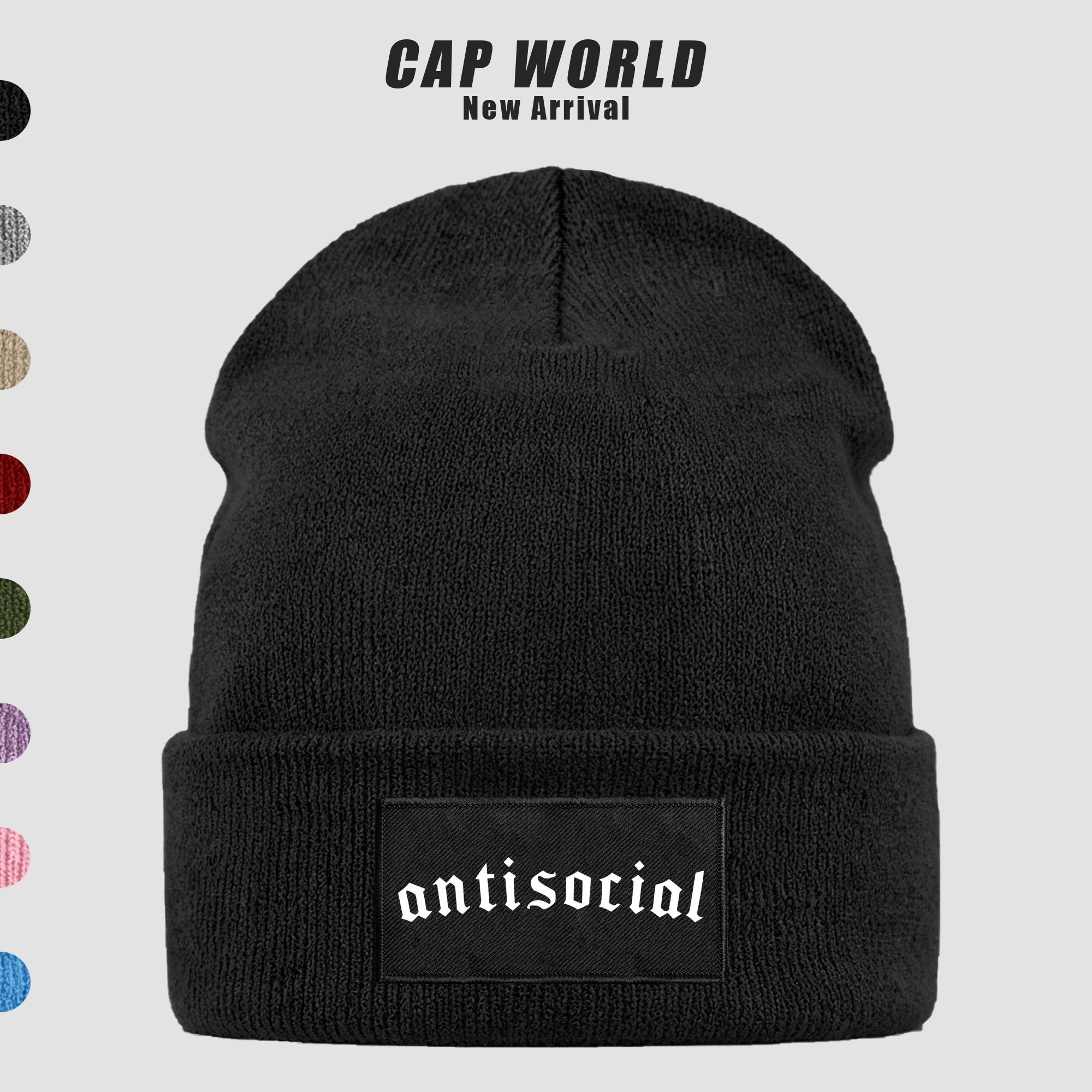 TEMU 1pc Gothic Cursive "antisocial" English Print Brimless Beanie, Unisex Fine-textured Short Hat, Street Skateboard Cap, Neutral Solid Color